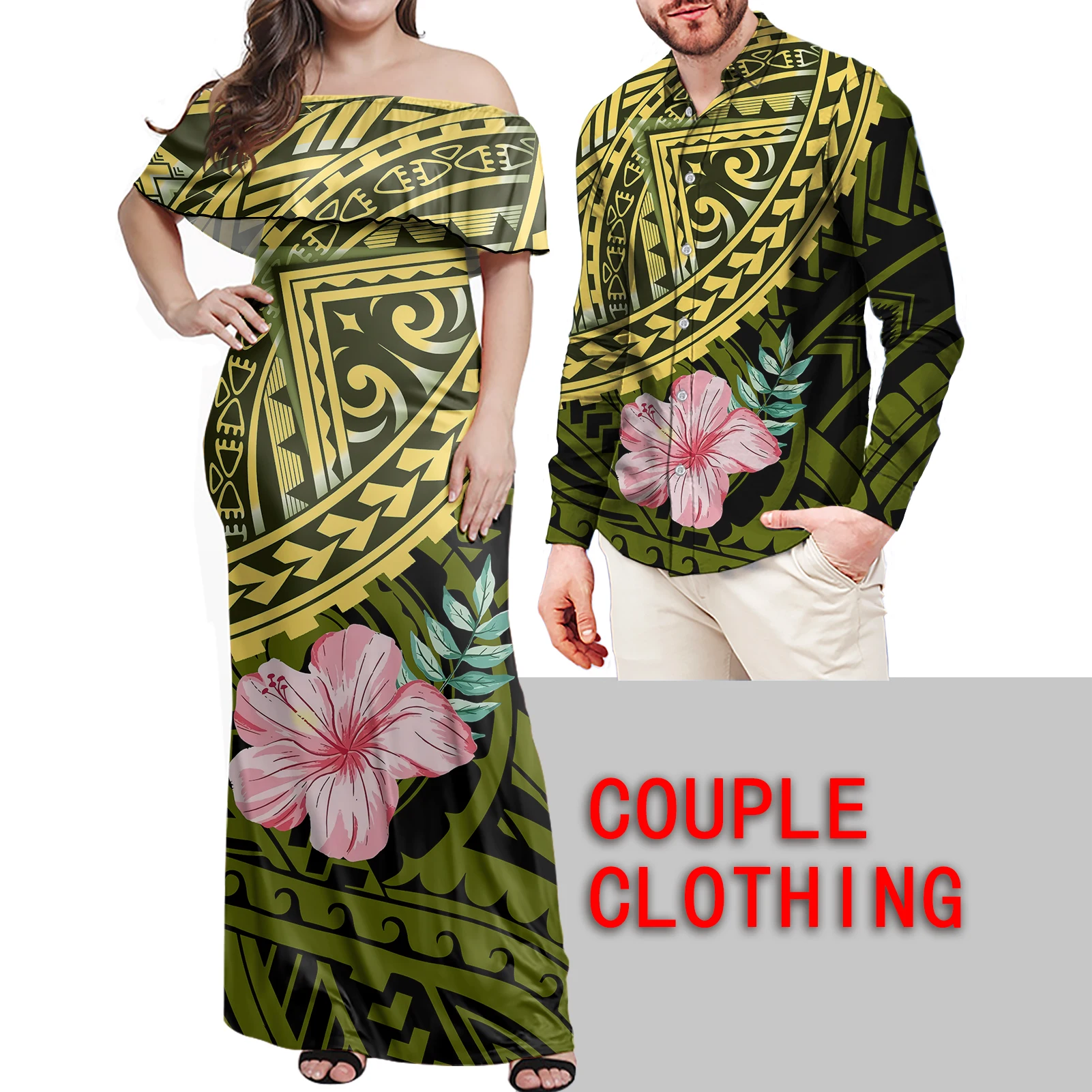 New Arrivals 2 Pcs Travel Couple Clothes Set Polynesian Tribal Printed Men Full Sleeve Shirts Plus Size 7XL Dress Floor-Length