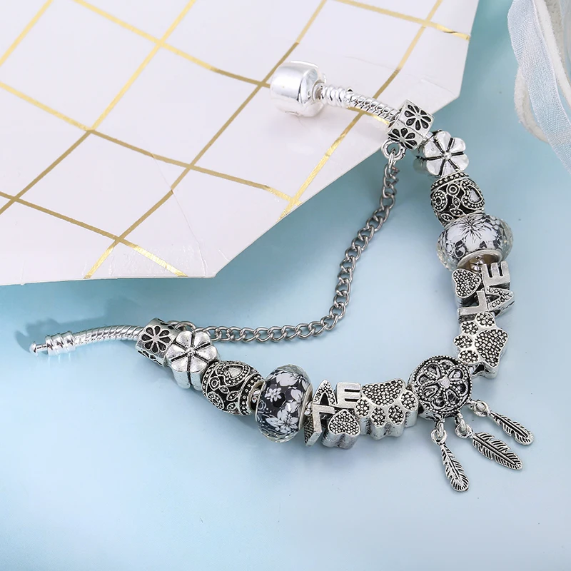 Bracelet Jewelry Bear Dreamcatcher Feather Charm Bracelets For Women Men Crystal Flowers Beaded Bangle Gift