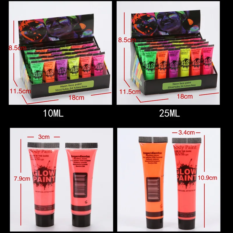 10ml UV Glow Blacklight Face and Body Paints 24 tubes/Box Neon/glowing Paint in the Dark Black Light Paint 3