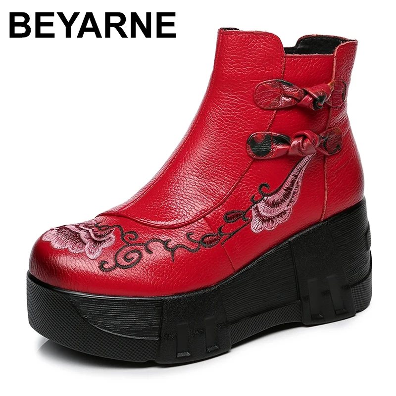 

Handmade Genuine Leather Women's Boots Round Toe Retro Thick-soled Wedges Ankle Boots Embroidered High-heeled Boots 2023