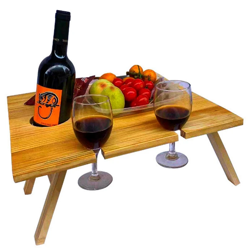 Wooden Outdoor Folding 2 In 1 Picnic-Table With Glass Holder Wine Rack USEFUL 
