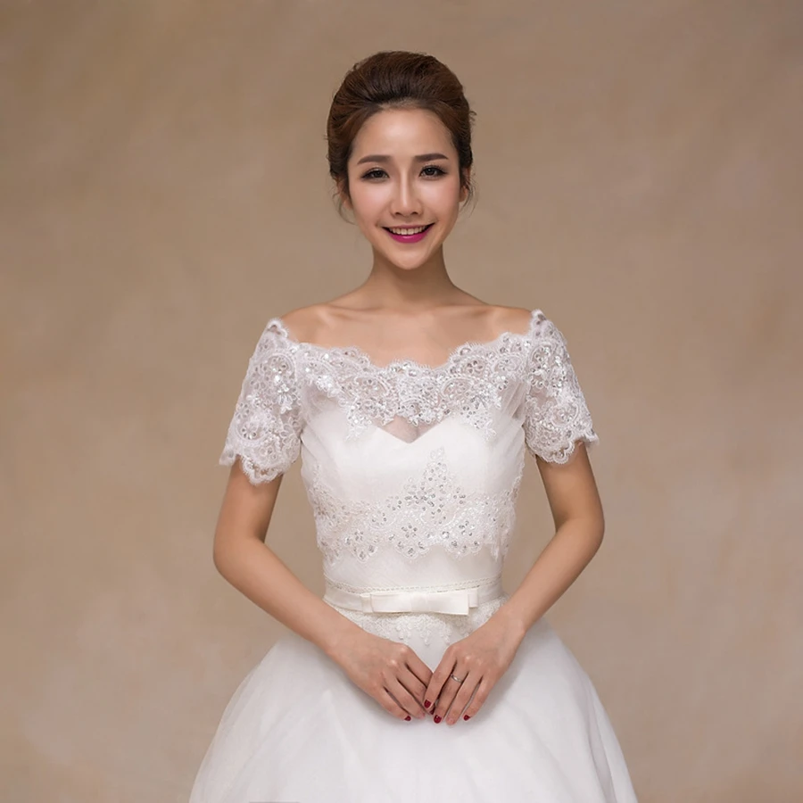 

New Arrival Lace Appliques Bridal Wraps Shares of Women's Long Sleeve White Lace Shoulders Cropped Bolero Wedding Jacket