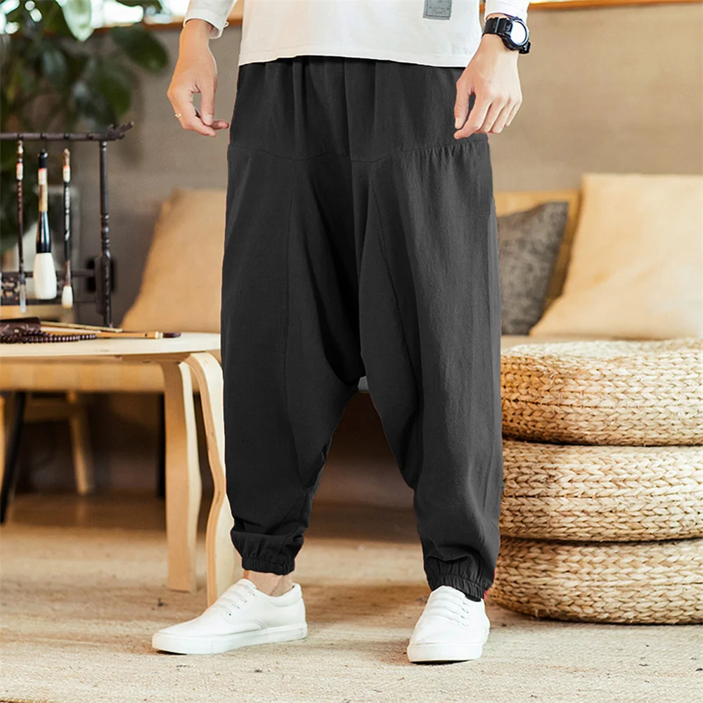 Männer Baumwolle und Leinen Hosen Harem Hosen Baggy Casual Oversize Lose Jogger Breite Bein Hosen Yoga Drop Crotch Hosen Hip Hop – Detail 3
