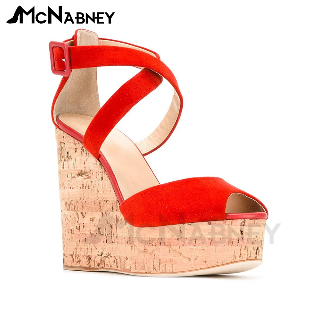 

Platform Wedge Peep Toe Sandals Red Suede Cross Strap Summer Shoes Buckle Sandals Wood Grain Wedge Shoes for Women Custom Colour