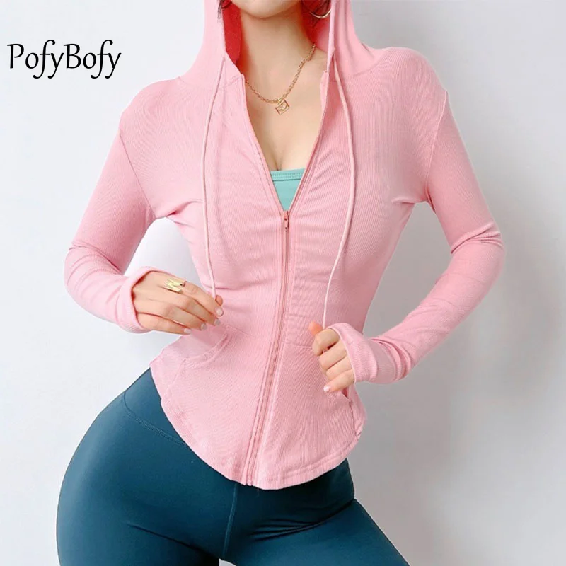 

PofyBofy Adjustable Drawstring Hooded Zipper Slim Fit Yoga Long Sleeve Shirt with Pocket Workout Fitness Gym Running Sportwear