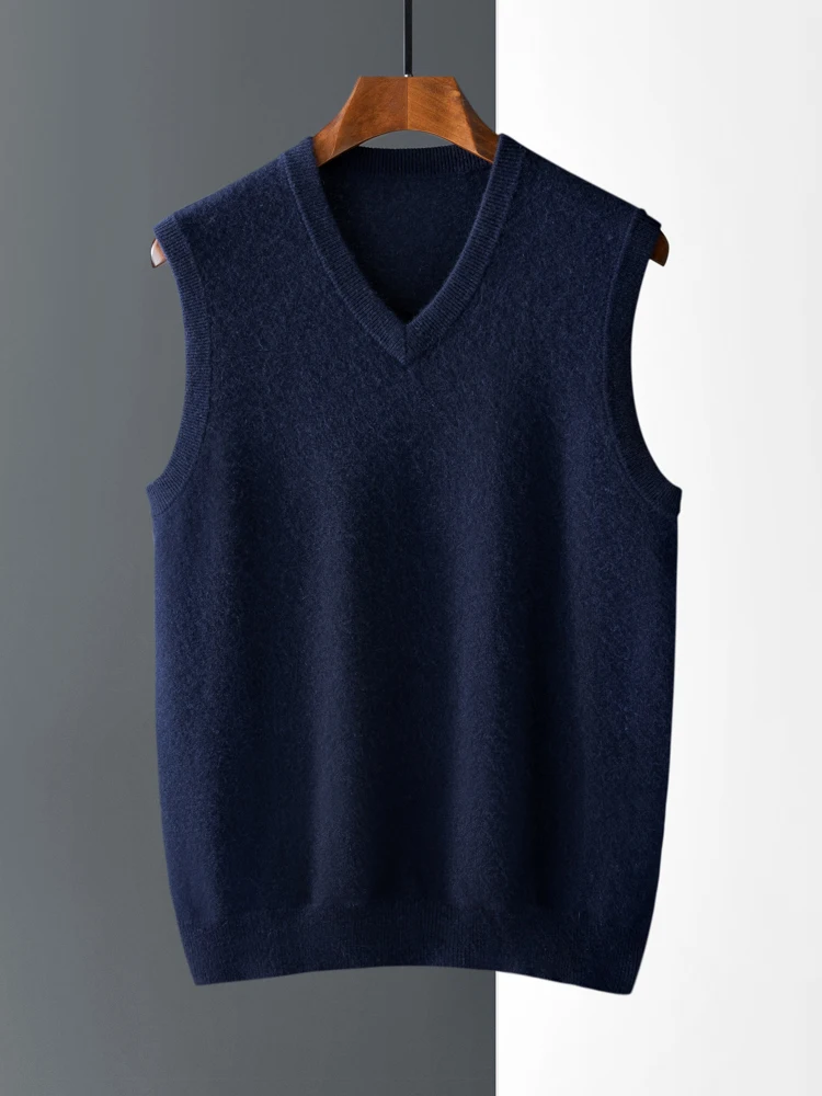 High Quality Men Autumn Winter Sweater 100% Cashmere Sleeveless Soft Wam Basic  V-neck Pullover Knitwear Clothing Tops