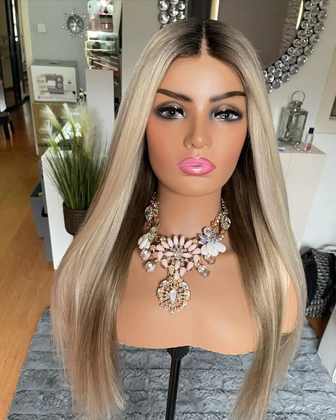 New in Wig Gold Blonde Highlight Synthetic Wig for Women Long Straight Ash Roots Heat Resistant Cosplay Fibre Hair 180% Full