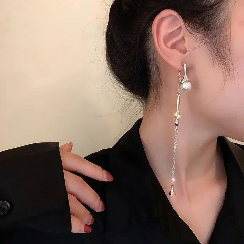 2024 Statement Fashion Ladies Asymmetric Pearl Long Tassel Earrings Korean Style A Two-wear Drop Chain Jewelry Accessories