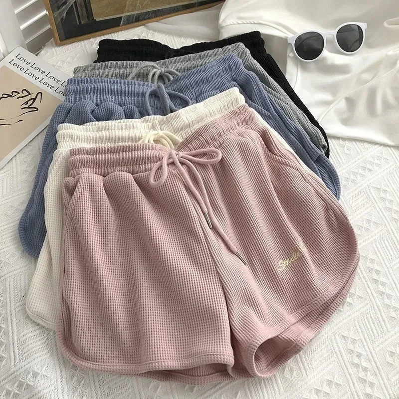 

Waffle Women's Sports Shorts Homewear Bottoms Elastic Pockets Casual High Waisted Women Loose Short Pantalones Cortos De Mujer