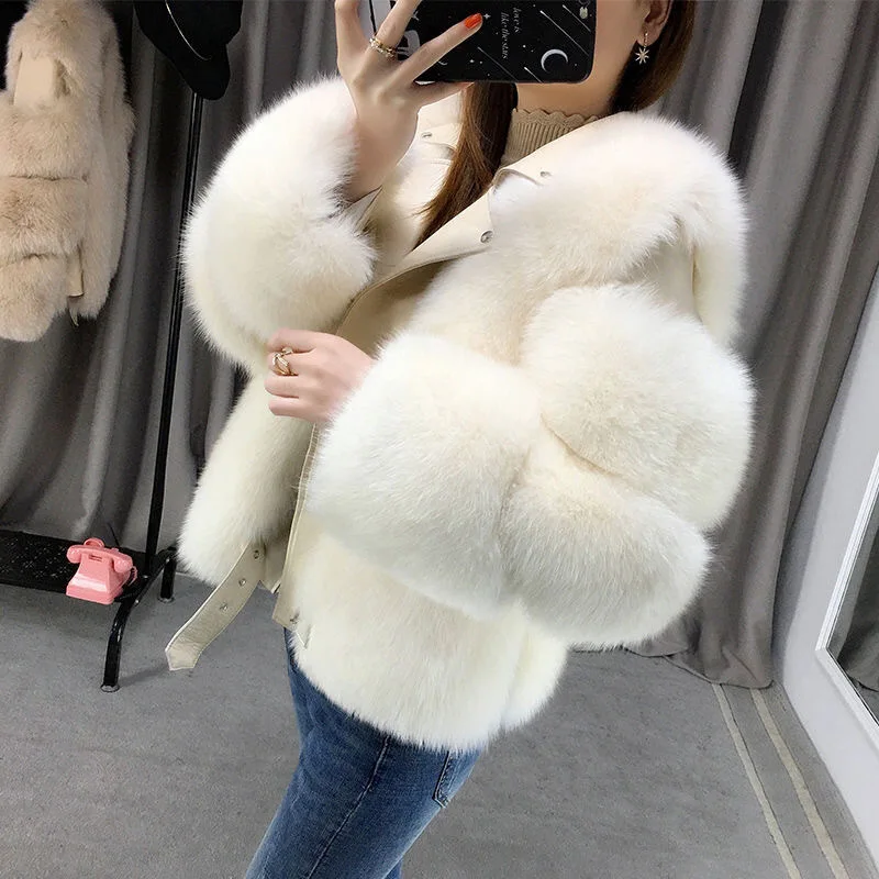 

Hot sales 2023 New Women High End Luxury Genuine Sheepskin Leather Natural Fox Fur Jacket Autumn Winter Real Fox Fur Coat