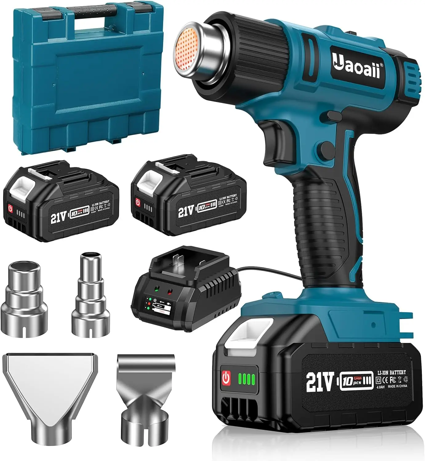 Heat Gun, Uaoaii 21V Hot Air Gun w/ 2x 4.0Ah Rechargeable Battery, 4 Nozzle, Led Light & Suitcase, 2-Temp Setting Max 1
