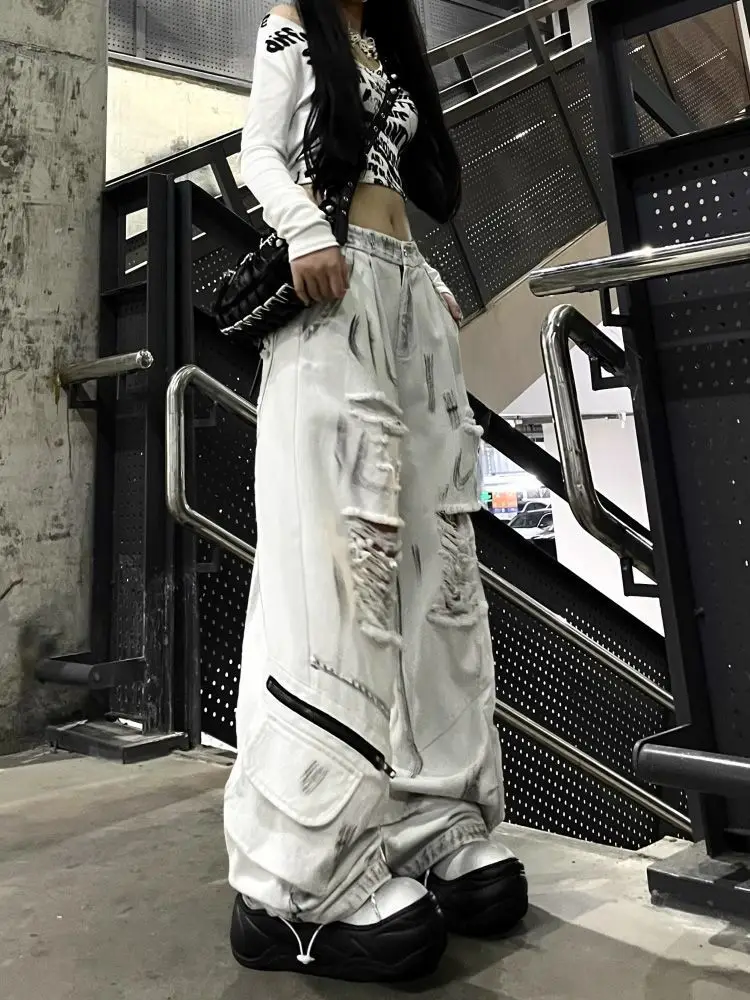 Y2K 2000S White Graffiti Ripped Baggy Stacked Cargo Jeans Pants