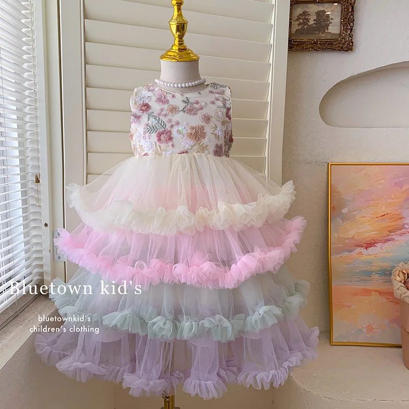 Girls Tank Top Dress 2025 Summer New Girls Elegant Mesh Puff Dress Children Princess Dress Fairy Children Clothing - 3