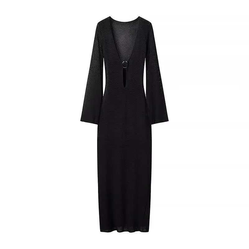 Vestido de otoño de punto calado para mujer, transparente, con escote en V, sin espalda, informal, para playa, vacaciones, maxivestido de punto, vestido de mujer nuevo