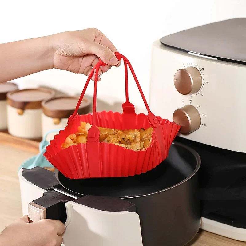 

Silicone Basket Pot Tray with Handle Air Fryer Liner Baking Tray Pot Grill Tray Container Kitchen Accessories Reusable Silicon