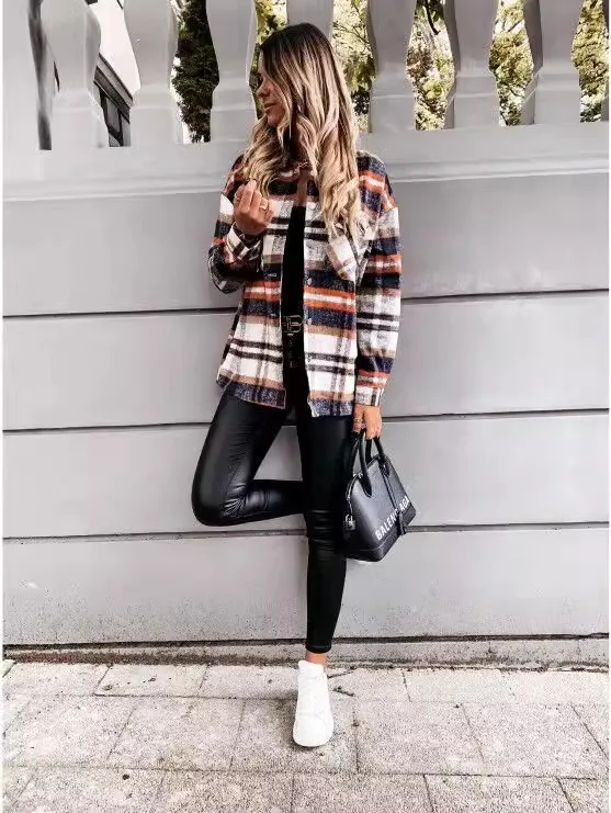 Women's autumn and winter long sleeved plaid jacket shirt jacket loose and personalized versatile commuting clothing
