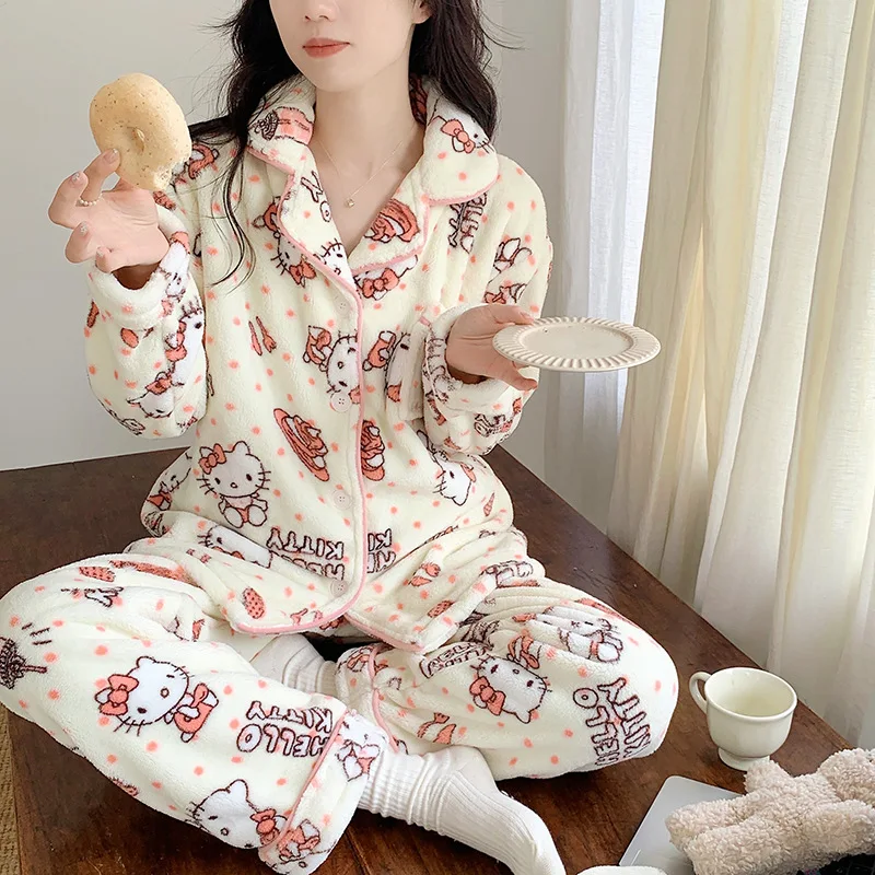 

Cartoon Sanrios Hello Kitty Plush Sleepwear Kt Cat Winter Leisure Comfort Thickening Coral Velvet Pajamas Household Clothes Gift
