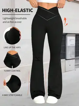 [Extremely Soft] Criss-Cross Elastic Flare Pants, Minimalist High Waist Commuting & Yoga Pants, Sexy Casual Sports Leggings, Sin 1