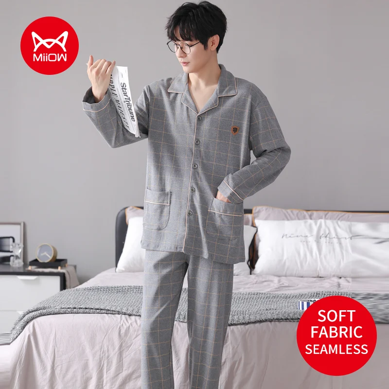MiiOW KY-3891 Winter Men's Pajamas Grey Plaid Cotton Long Sleeve Loungewear 3XL