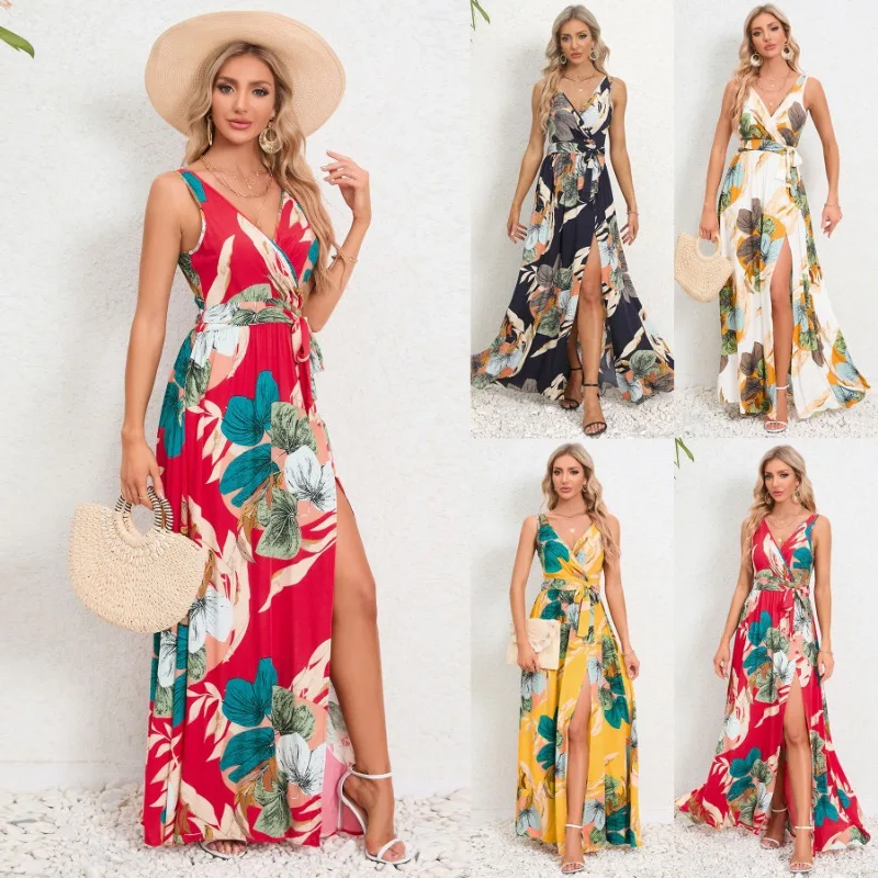 

2024 Europe United States summer Ladies Dress women's double V-neck sleeveless slit printed long section halter dress female