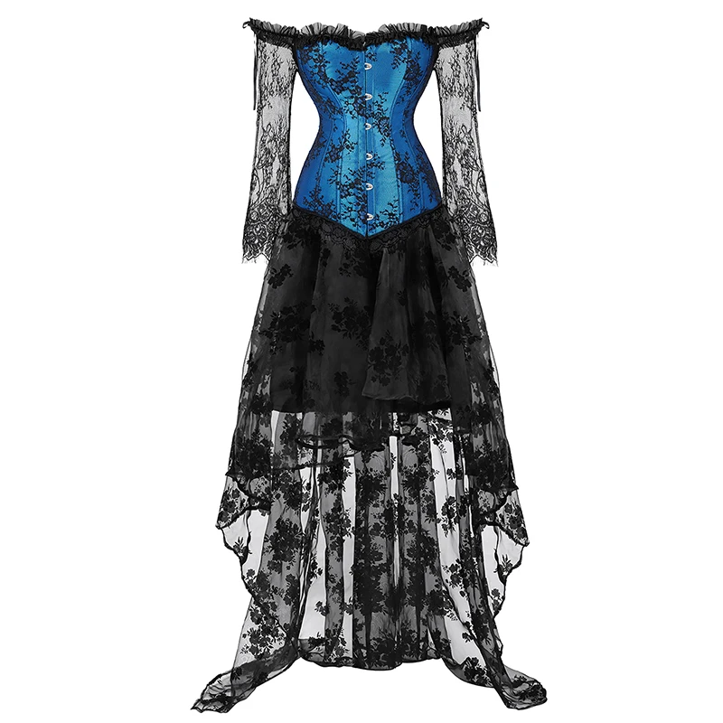 Gothic Corset Dress Plus Size Overbust Corset Dresses for Women Off the  Shoulder Long Sleeve Wedding Dress Lace White Blue - AliExpress