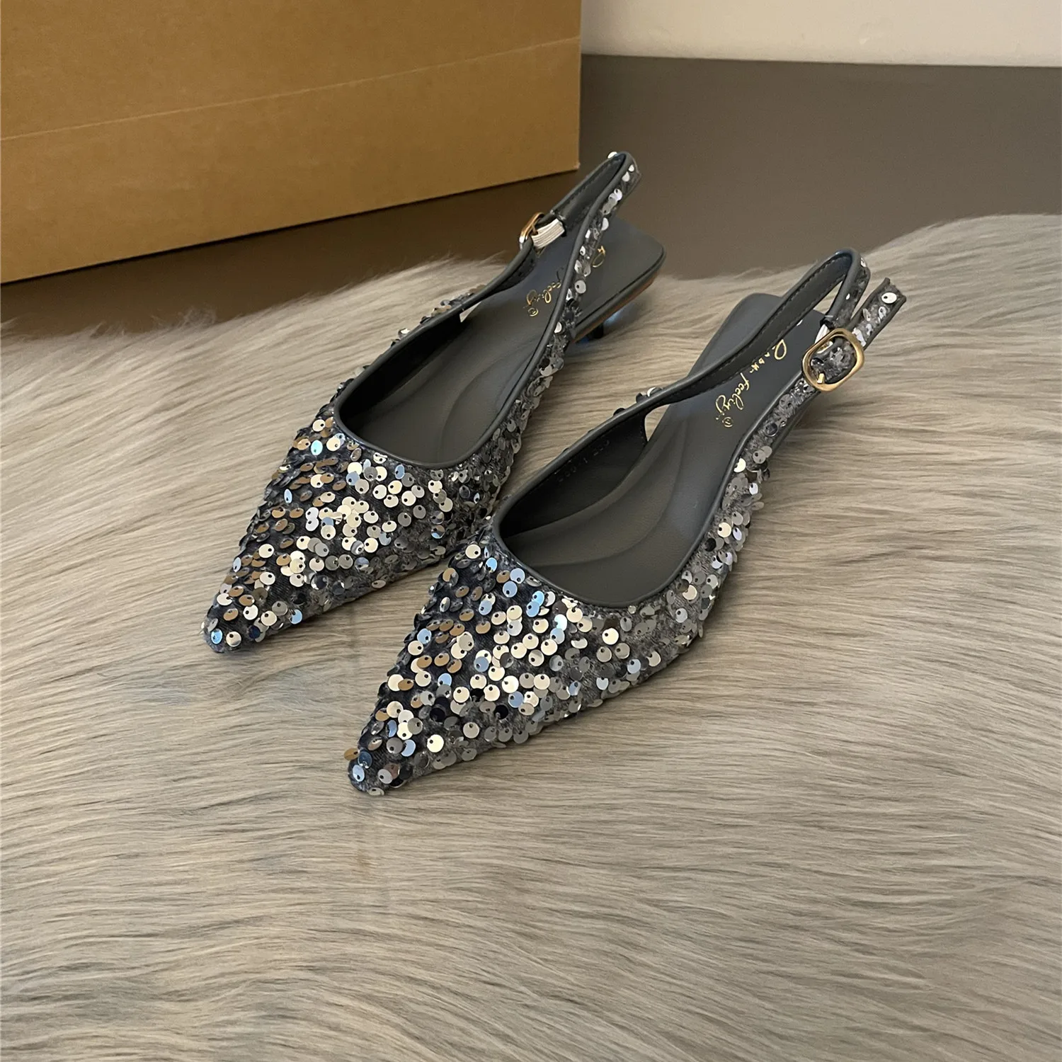 Bailamos New Bling Women Sandals Fashion Pointed Toe Shallow Slip On Ladies Elegant Slingback Shoes Med Heel Pumps Shoes Size40
