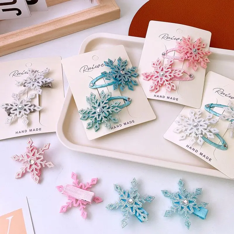 2pc Cute Rhinestone Snow Hair Clips Baby Snow Hair Ties Ealstic Hairbands Kids Hairpins Party Hairgrips Barrettes Girls Headwear