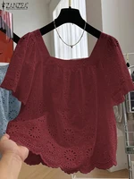 ZANZEA 2025 été couleur unie hauts femmes évider chemises mode col carré hauts coréen décontracté ample à manches courtes Blusas 2