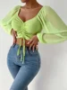 Ladies Blusas Summer Short Tshirt Woman Clothes Long Sleeve T Shirt Sexy V-neck Women T Shirt Casual Drawstring Crop Tops Tee - Image 5