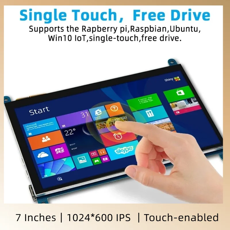 7인치 라즈베리 파이 4//+ 모니터 1024x600 IPS 5포인트 정전식 터치스크린 드라이브 무료 HDMI 디스플레이(Win10용)