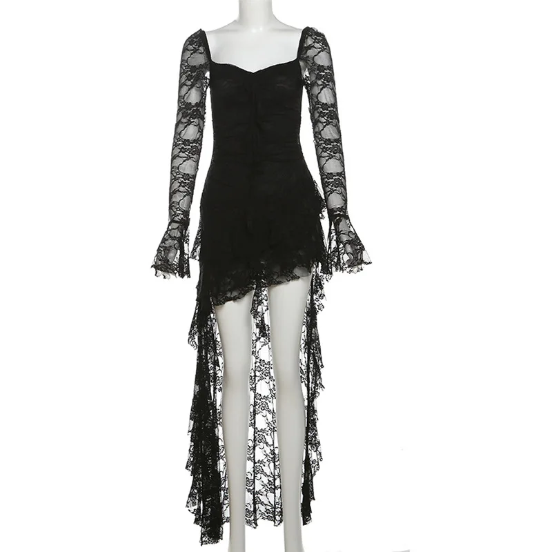 Goth Dark Fairycore Lace Flare Sleeve Square Neck A-line Dress Sweet E-girl Irregular Long Hem Dresses Cyber Y2K Party Vestido 6