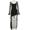 Goth Dark Fairycore Lace Flare Sleeve Square Neck A-line Dress Sweet E-girl Irregular Long Hem Dresses Cyber Y2K Party Vestido 6