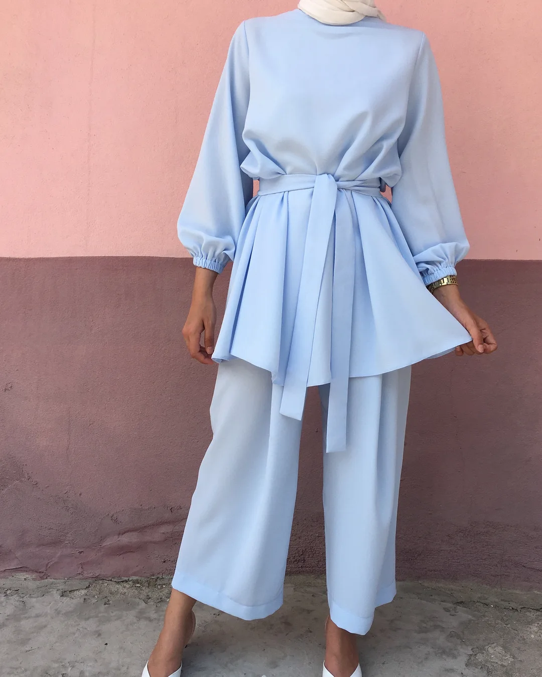 Wepbel Muslim Women Arab Suit Fashion Long Sleeve Tops + Wide Leg Pants Islamic Two Piece Set Outfits Female Blouses Women Sets