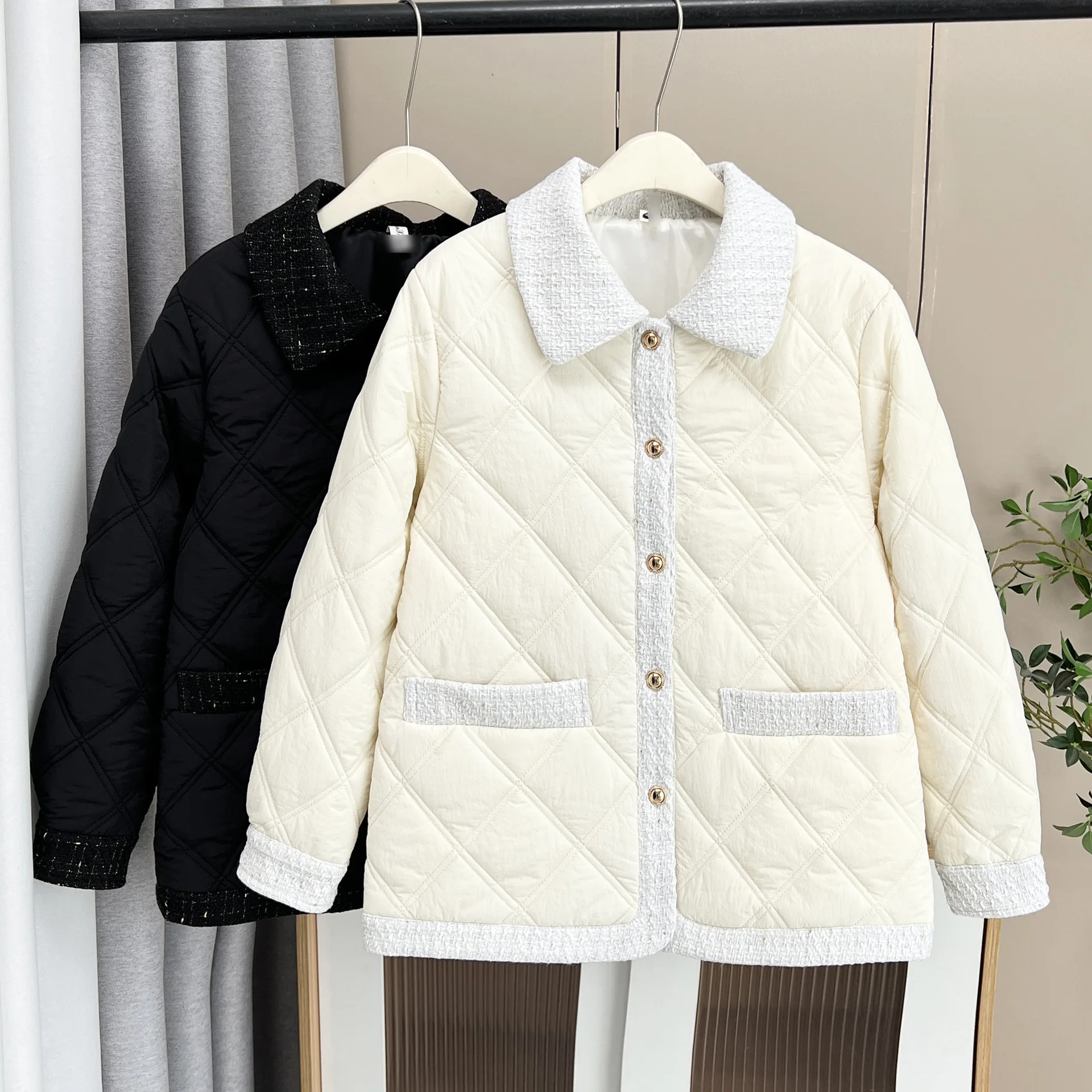 XXXXL Fashion Plus Size Women's Parkas 2025 Winter New Style Elegant Chic Padded Jacket Lapel Warm Argyle Coats 2515