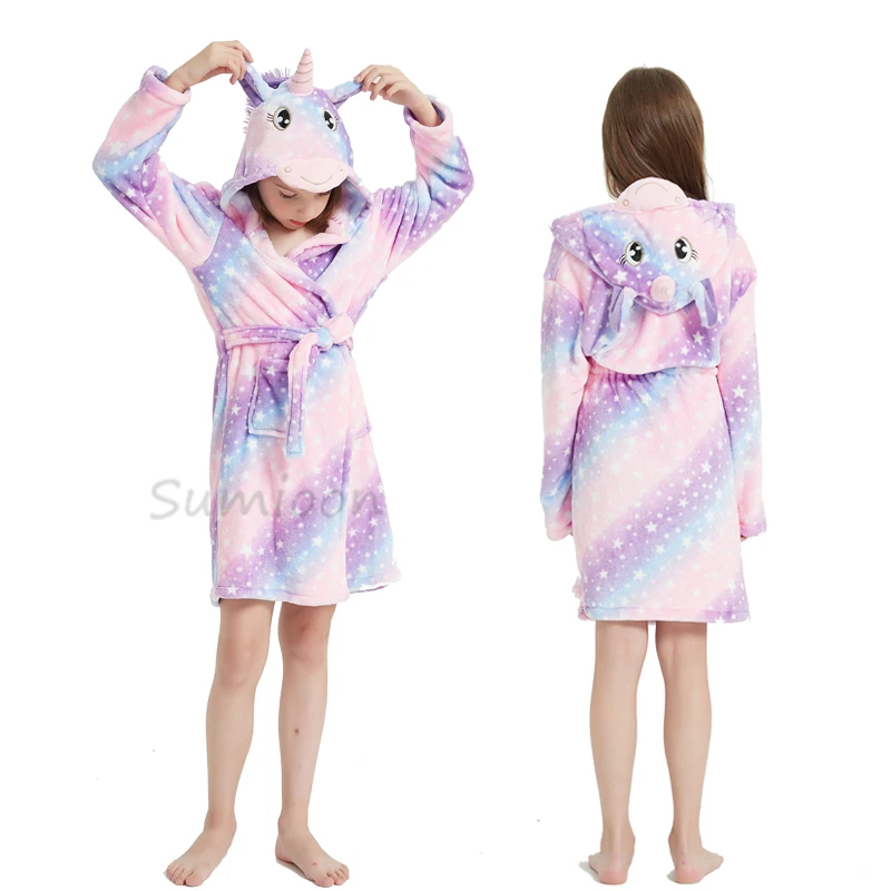 Kids Colar Fleece Unicorn Hooded Bathrobe Children's Dressing Gown Bath Robe Kugurumi Animal Sleepwear For Girls Boys Pyjamas