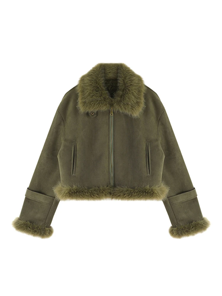 

American Retro Woolen Coat Turn-Down Collar Vintage Long Sleeve Green Leather Jacket Cozy Outerwear High Street Autumn Winter