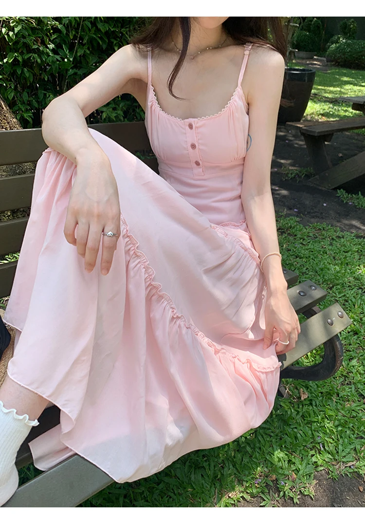 French Elegant Dresses for Women Solid Spaghetti Strap Summer New Ruffles A-line Casual Korean Chic Midi Vestidos Mujer
