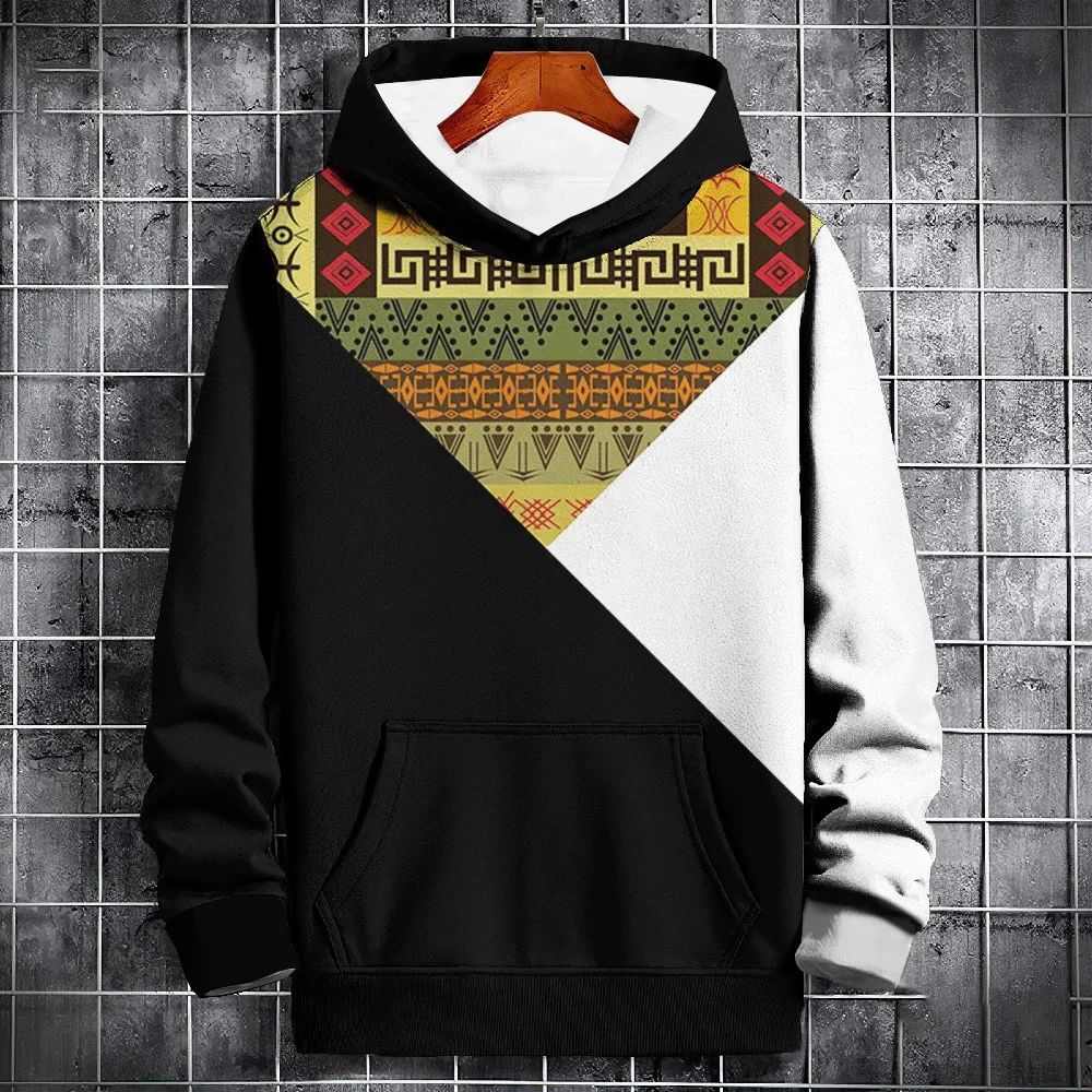 Nueva sudadera con capucha de otoño para hombre, sudadera con estampado de patchwork con patrón étnico 3D, sudadera de manga larga, sudadera con capucha de calle a la moda, tops de gran tamaño