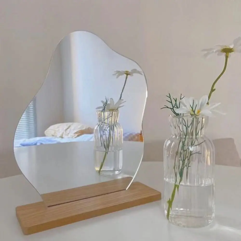 Irregular Vanity Mirror With Wooden Stand Cloud Shape Frameless Decorative Mirror Acrylic Makeup Mirror for Living Room Bedroom