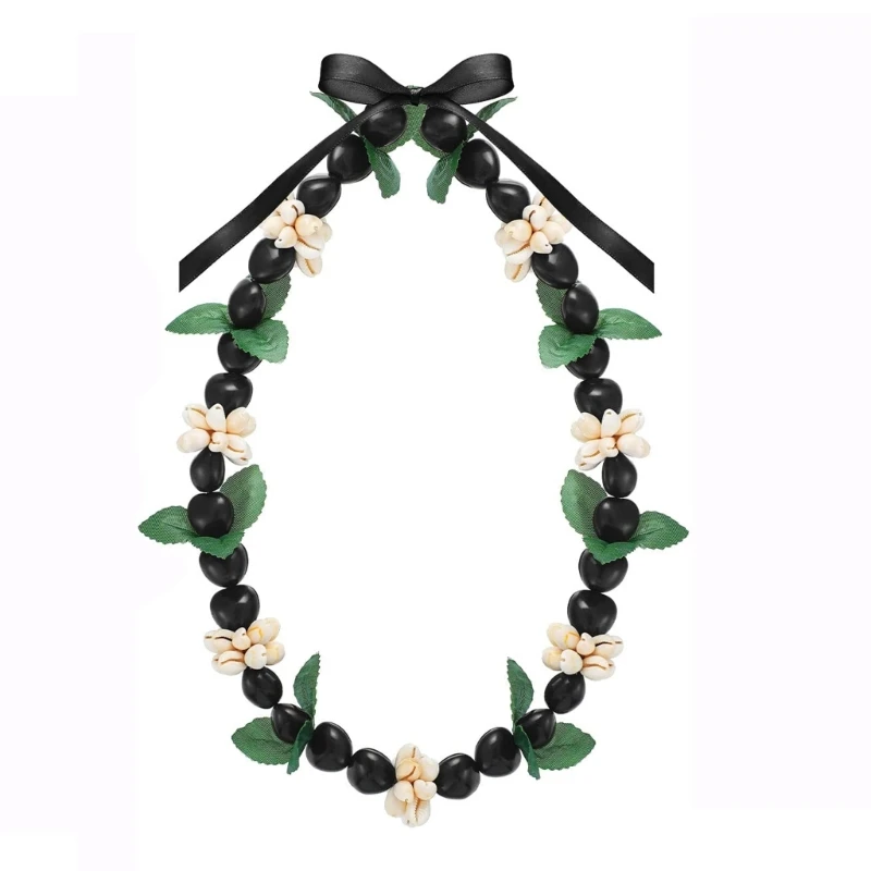 

Hawaiian Beads Necklaces with Ribbon Bow Graduation Kukui Nut Lei Necklace K3KF
