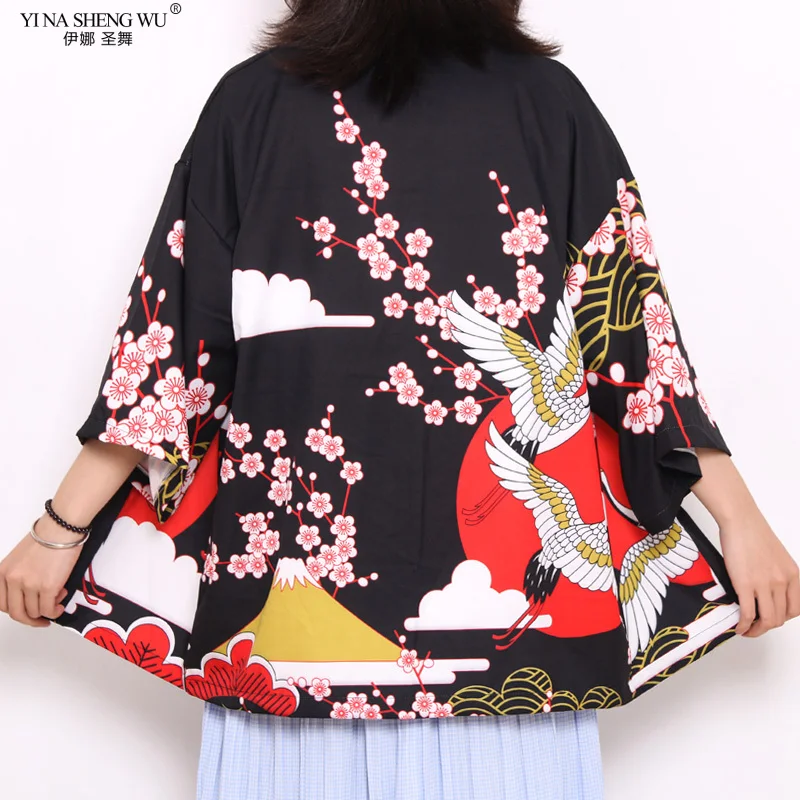 

Sakura Crane Print Yukata Men Women Fashion Cardigan Loose Blouse Haori Obi Asian Clothes Harajuku Japanese Cosplay Kimono