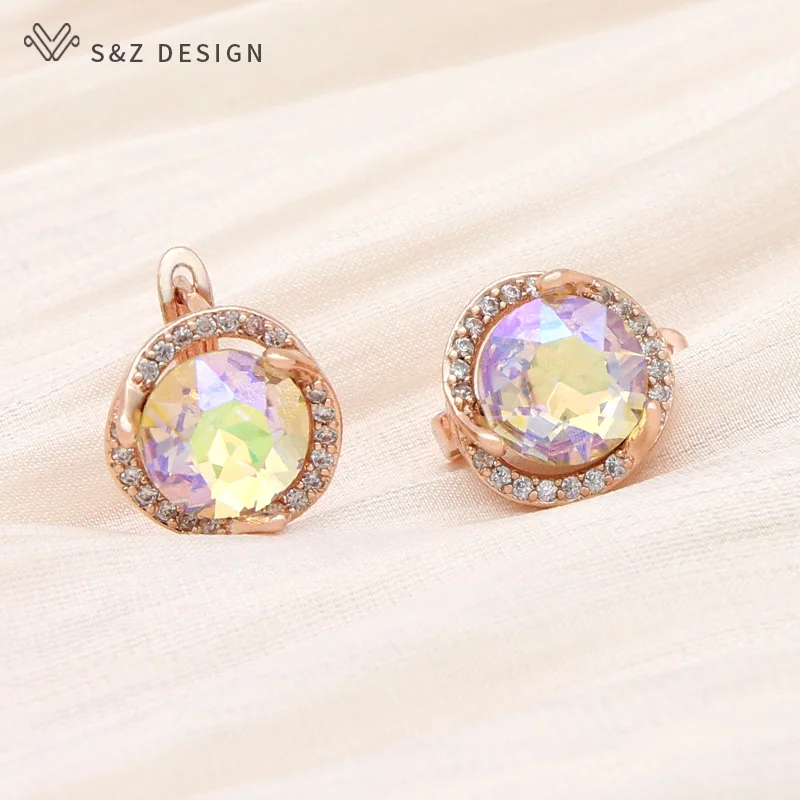S&Z DESIGN New Fashion Rose Gold Color Round Crystal Dangle Earrings Cubic Zirconia Eardrop For Women Wedding Elegant Jewelry