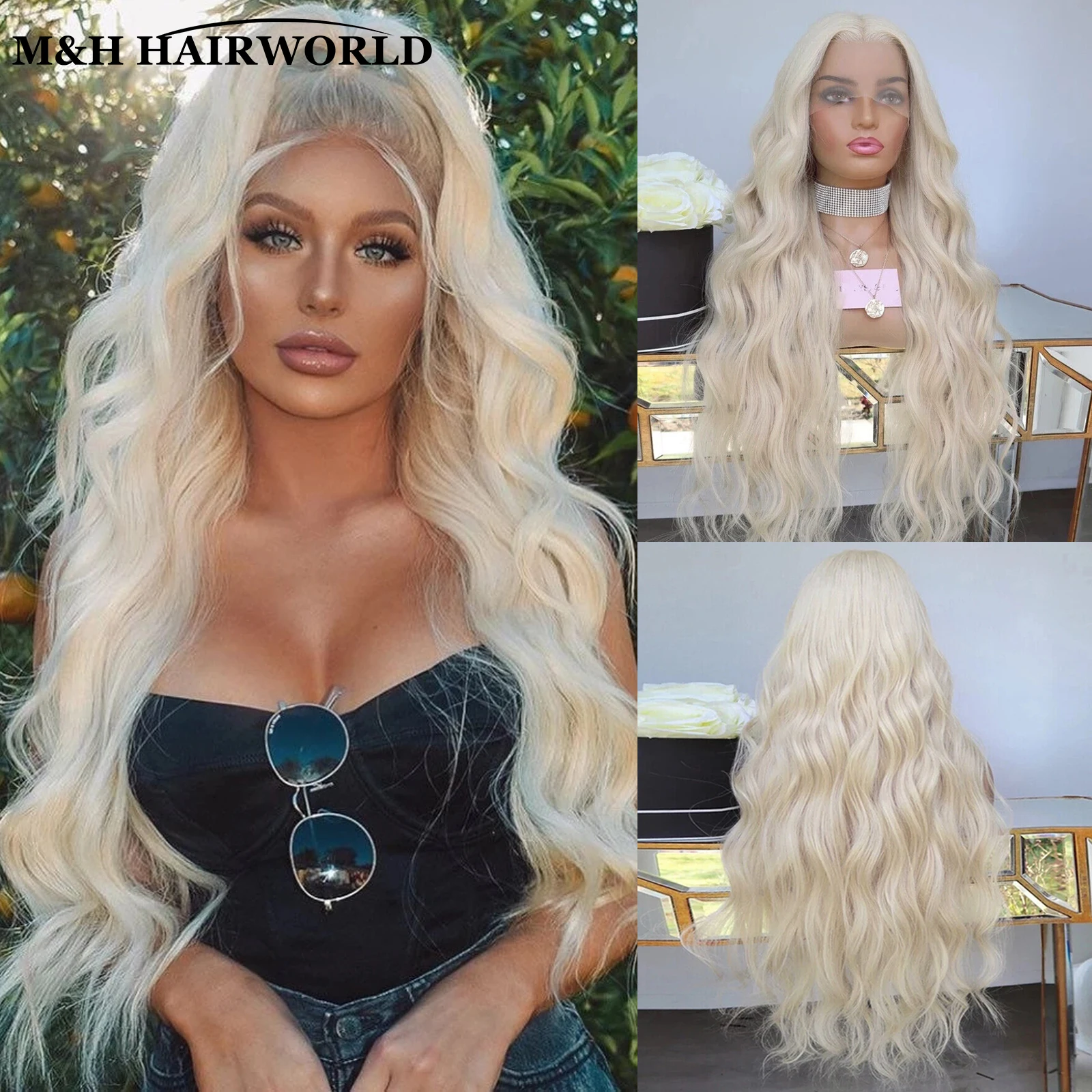

Platinum Blonde Colored Wig Long Wavy Heat Resistant Synthetic Hair Lace Front Wigs 13x3 Glueless Frontal Lace Wigs For Women