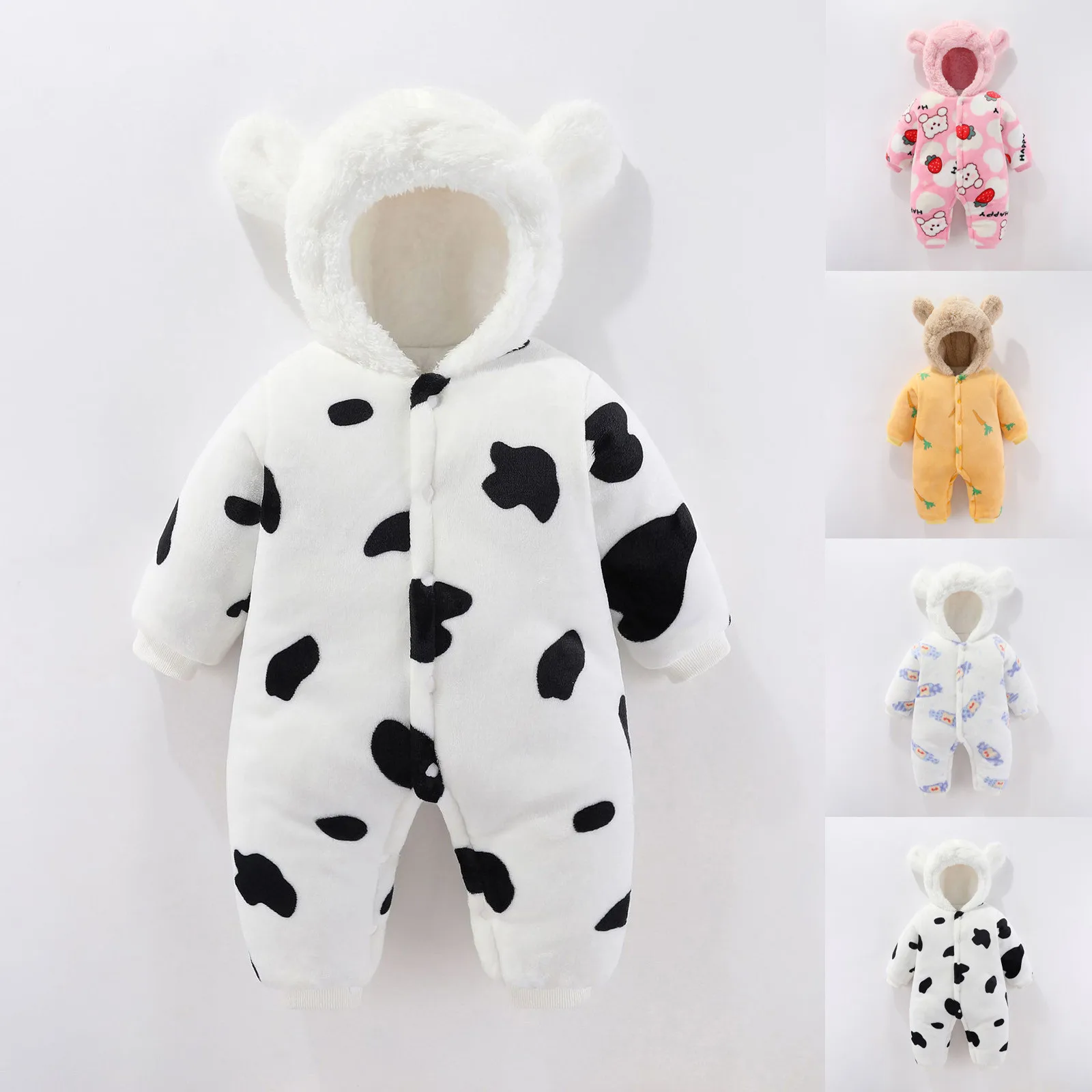 

Baby Clothes Set Newborn Boy Girl Thick Fleece Snowsuit Winter Warm Cow Prints Hooded Romper Jumpsuit