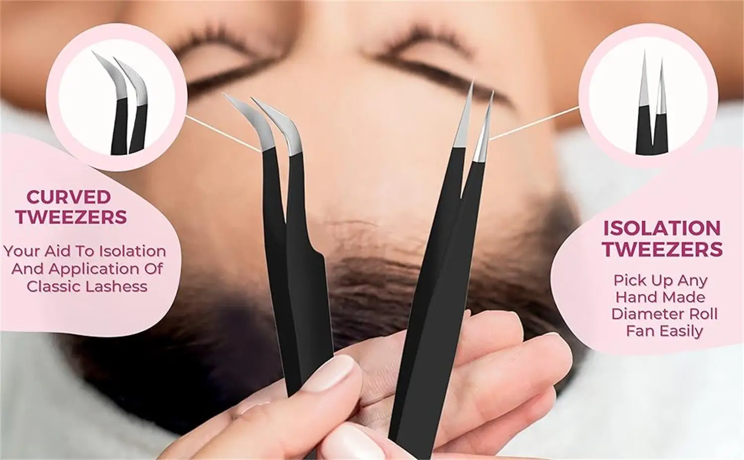 Description Picture 3 of item2-Piece Straight & Curved Tip Eyelash Extension Tweezers Stainless Steel False Eyelash Application Tools