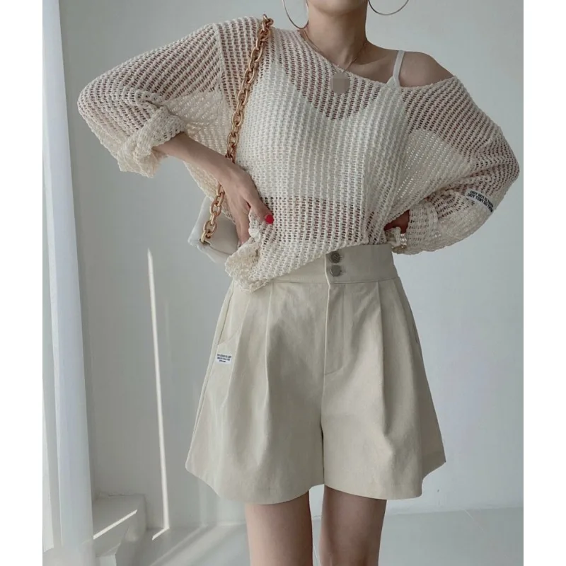 Korean Fashion Hollow See Through Sunscreen Knit Covers UpRound Neck Loose Casual Women Blouse Long Sleeve Simple Thin Shirts