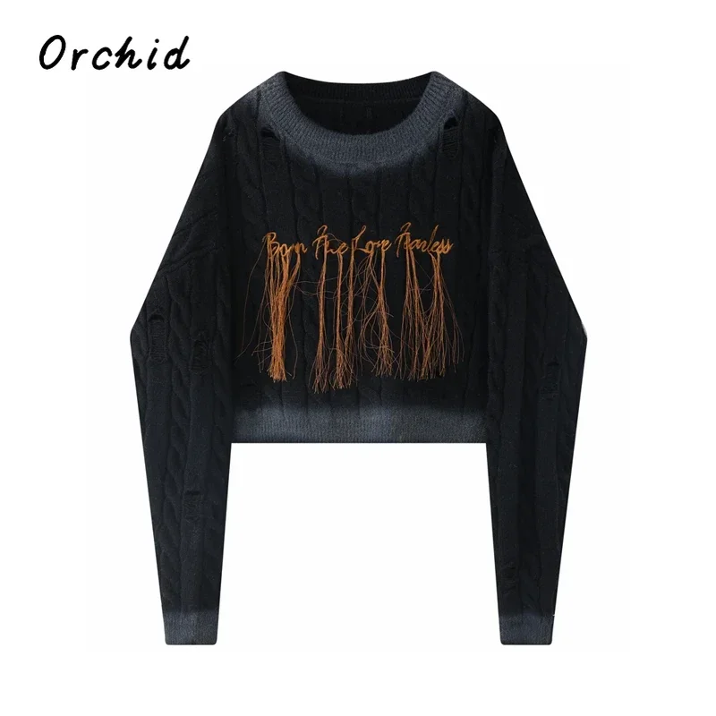 

2023 American Retro Hollow Out-design Tie Dye Cropped Sweater Women Y2K Letter Embroidery Fringe Trim Decorate Knitted Top