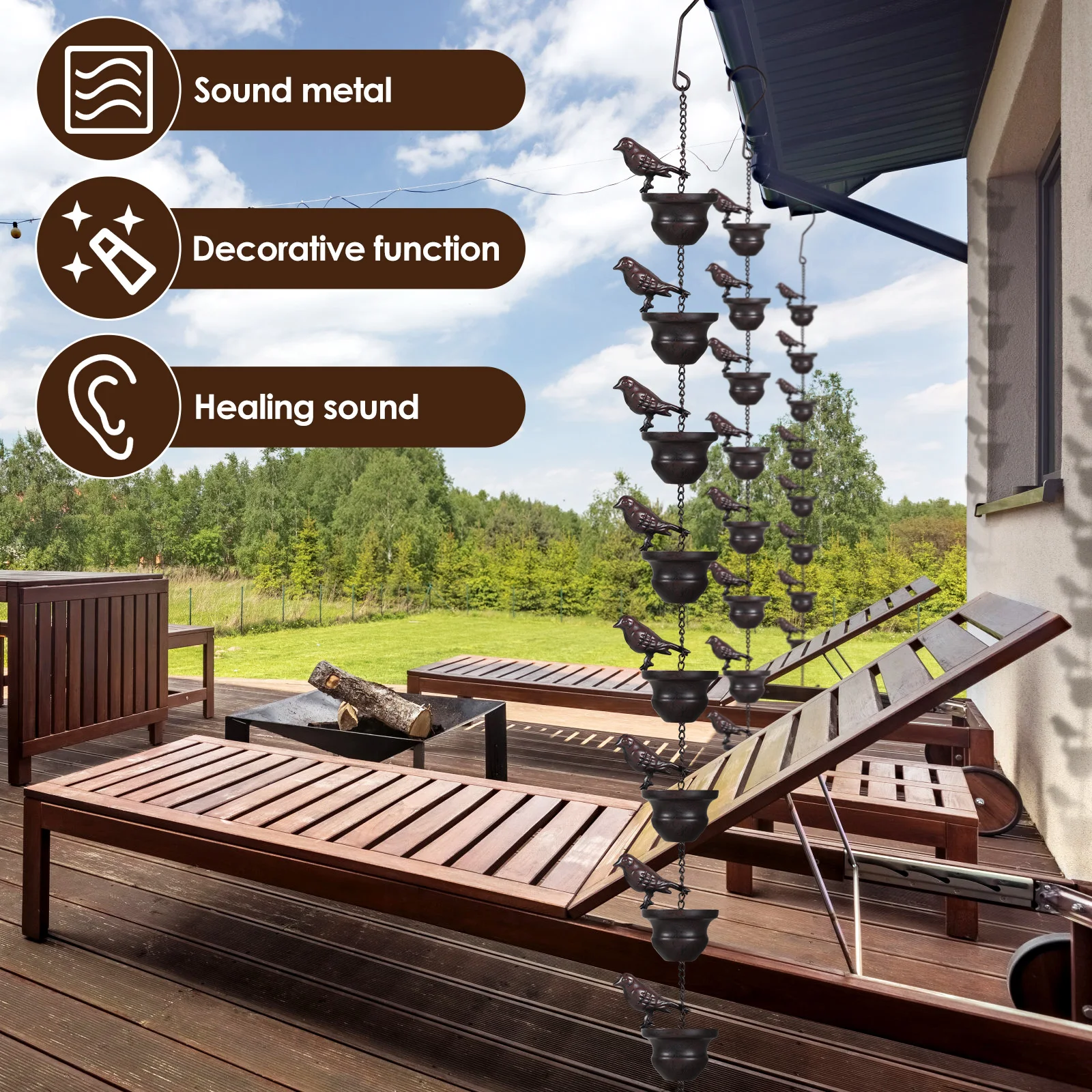 Description Picture 2 of item240cm Metal Rain Chain Hanging Birds/Kettle Decorative Rain Catcher for Home Outdoor Garden Gutter Roof Downspout Tool New