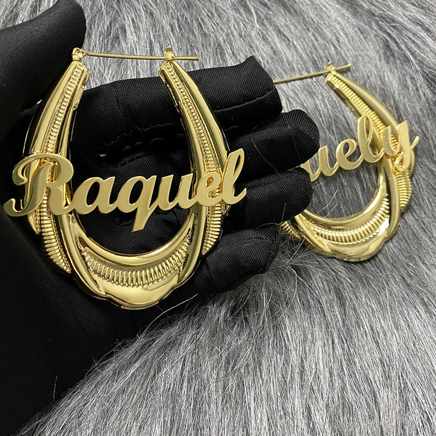 

Custom Name Hoop Earrings 65mm Stainless Steel Bamboo Huggie Exaggerated Earrings For Women Gift