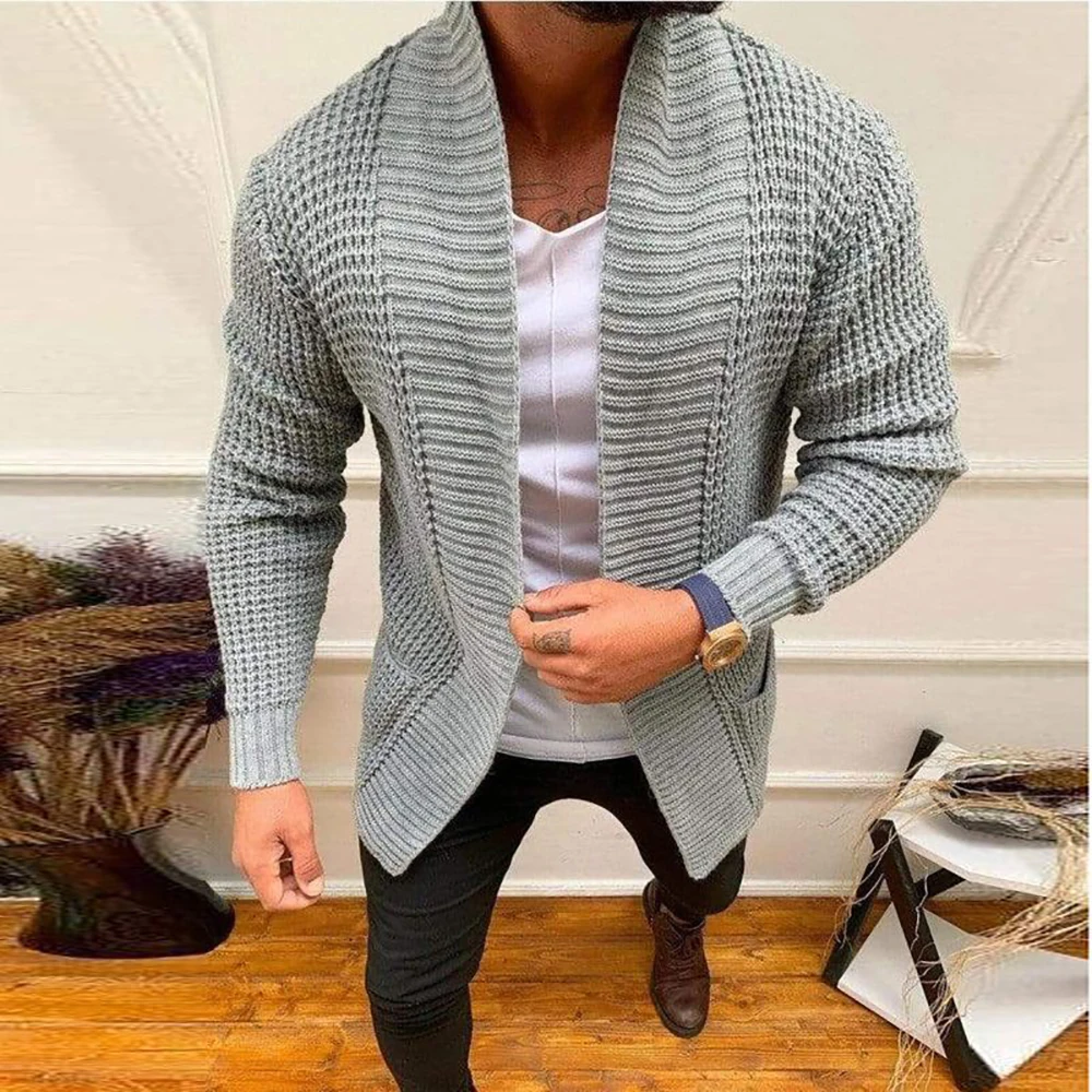 Men Knitted Cardigan Sweater Solid Color Casual Long Sleeve Slim Fit Handsome Tops With Pockets